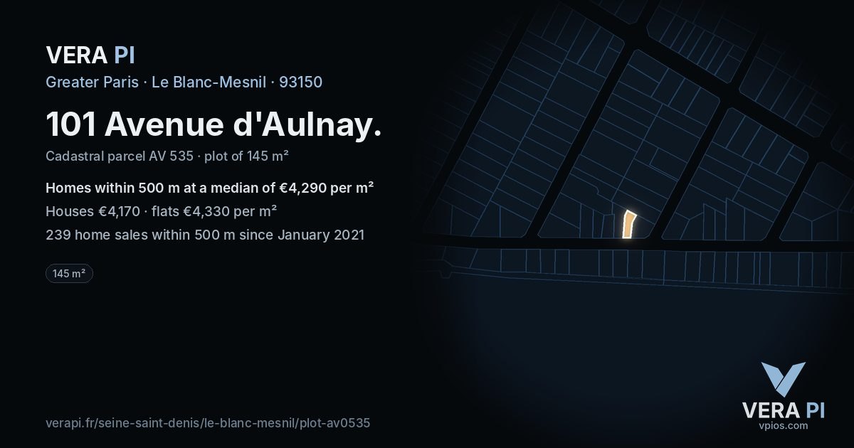 101 Avenue d'Aulnay, Le Blanc-Mesnil at night – the plot lit, the parcels around coloured by the prices near them