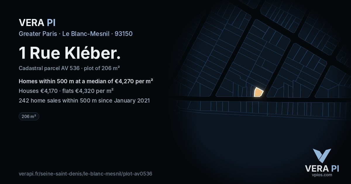 1 Rue Kléber, Le Blanc-Mesnil at night – the plot lit, the parcels around coloured by the prices near them