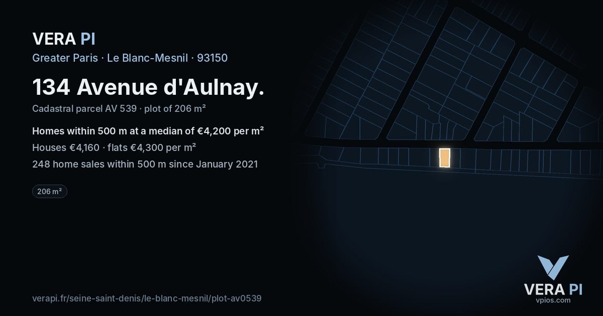 134 Avenue d'Aulnay, Le Blanc-Mesnil at night – the plot lit, the parcels around coloured by the prices near them