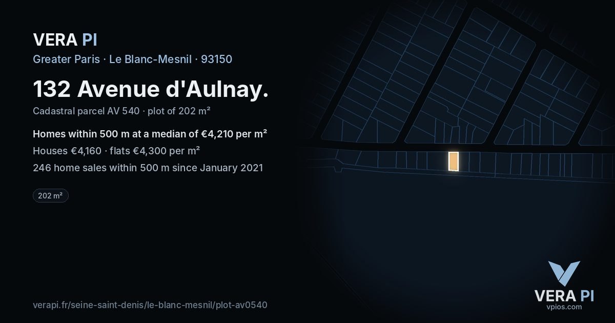 132 Avenue d'Aulnay, Le Blanc-Mesnil at night – the plot lit, the parcels around coloured by the prices near them