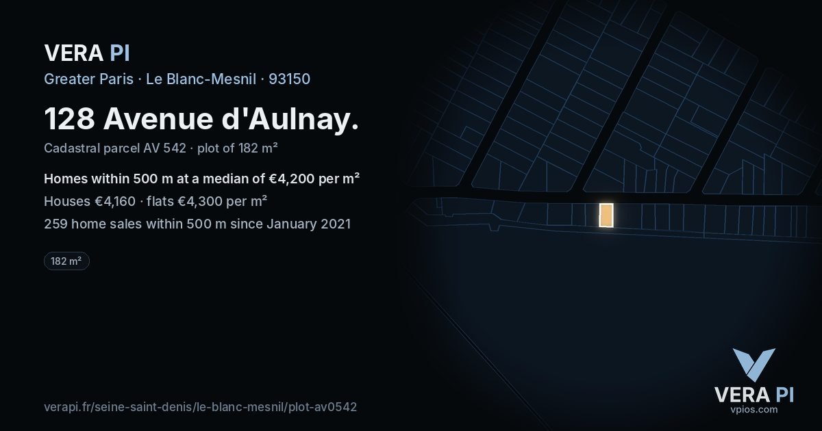128 Avenue d'Aulnay, Le Blanc-Mesnil at night – the plot lit, the parcels around coloured by the prices near them