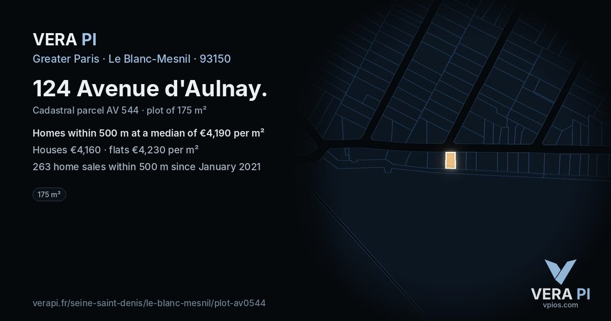 124 Avenue d'Aulnay, Le Blanc-Mesnil at night – the plot lit, the parcels around coloured by the prices near them