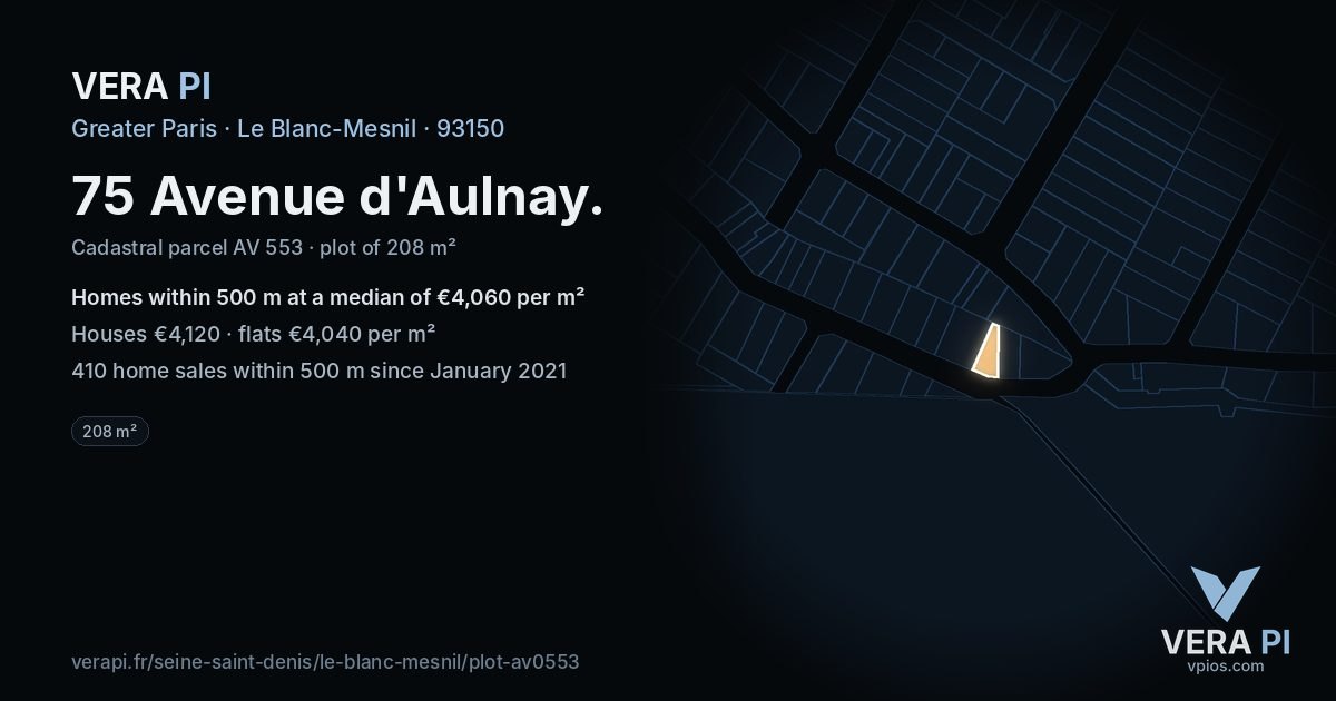 75 Avenue d'Aulnay, Le Blanc-Mesnil at night – the plot lit, the parcels around coloured by the prices near them