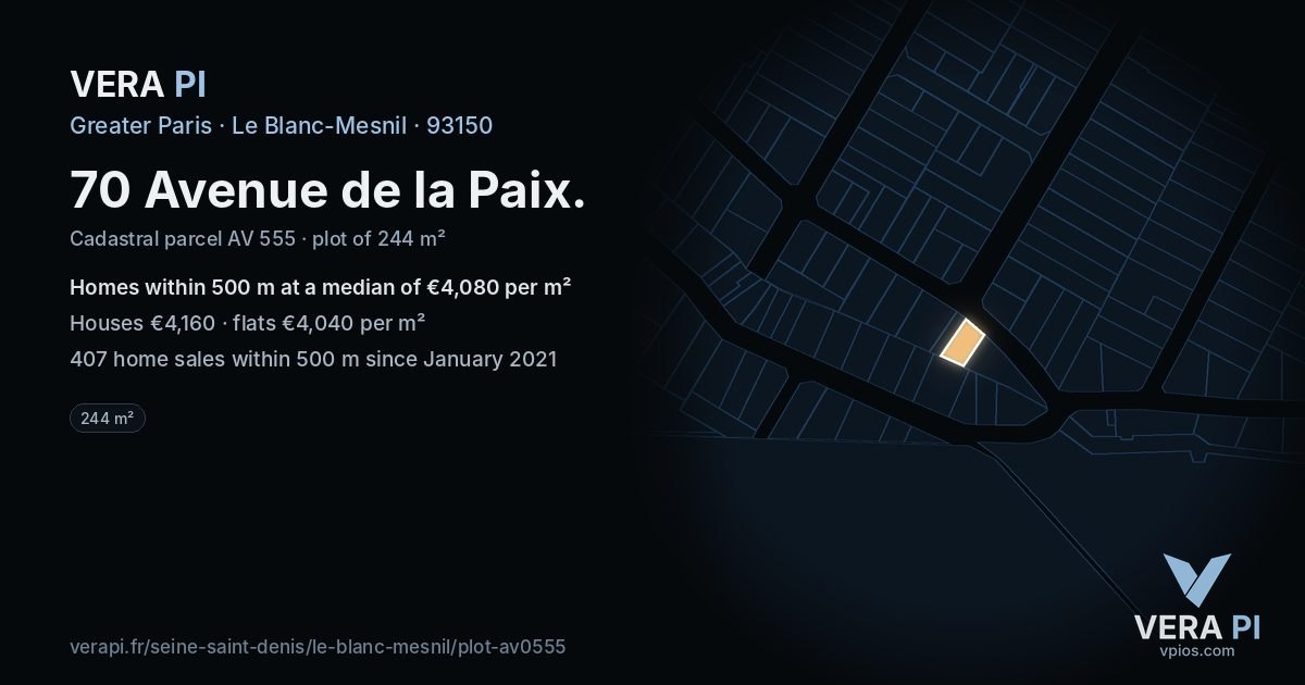 70 Avenue de la Paix, Le Blanc-Mesnil at night – the plot lit, the parcels around coloured by the prices near them