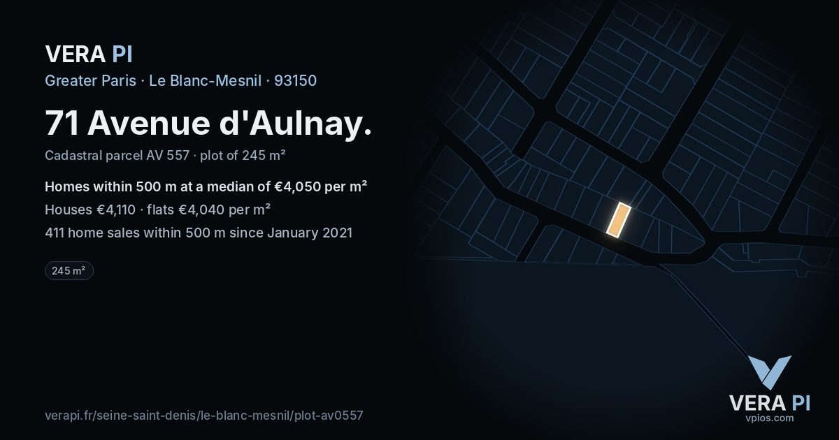 71 Avenue d'Aulnay, Le Blanc-Mesnil at night – the plot lit, the parcels around coloured by the prices near them