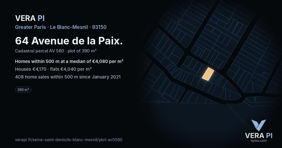 64 Avenue de la Paix, Le Blanc-Mesnil at night – the plot lit, the parcels around coloured by the prices near them