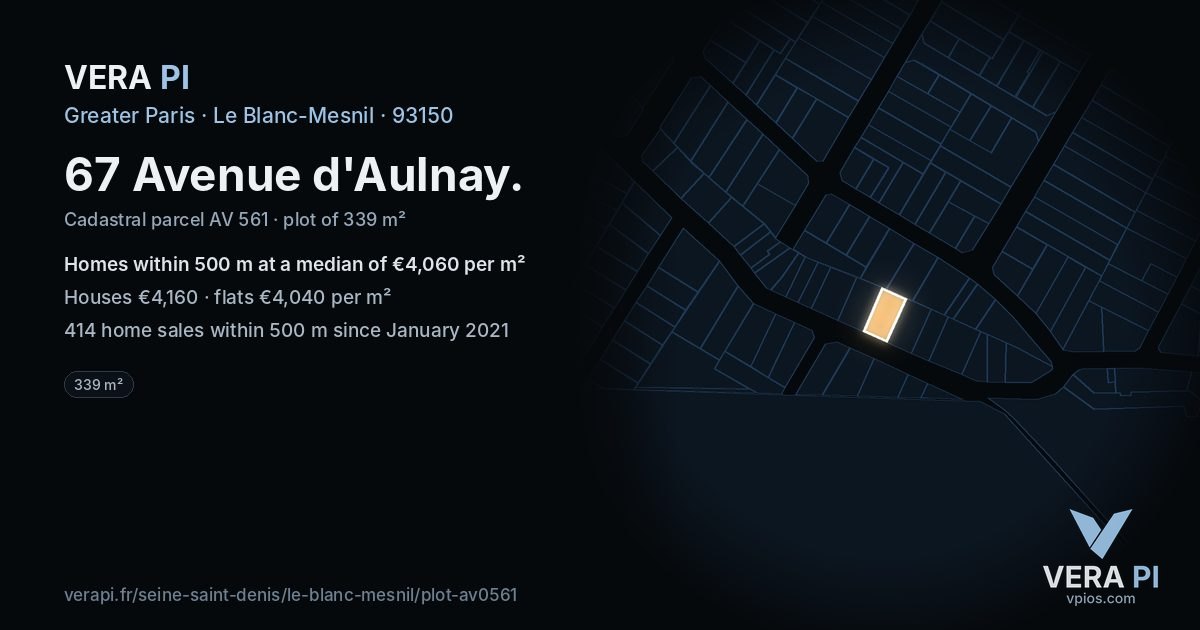 67 Avenue d'Aulnay, Le Blanc-Mesnil at night – the plot lit, the parcels around coloured by the prices near them