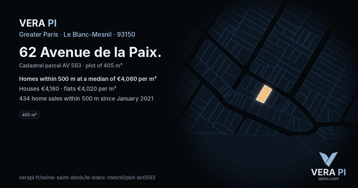 62 Avenue de la Paix, Le Blanc-Mesnil at night – the plot lit, the parcels around coloured by the prices near them