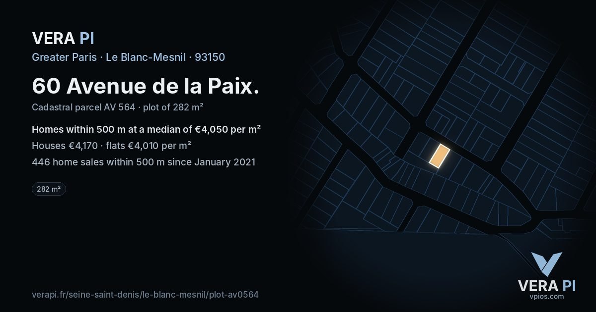 60 Avenue de la Paix, Le Blanc-Mesnil at night – the plot lit, the parcels around coloured by the prices near them
