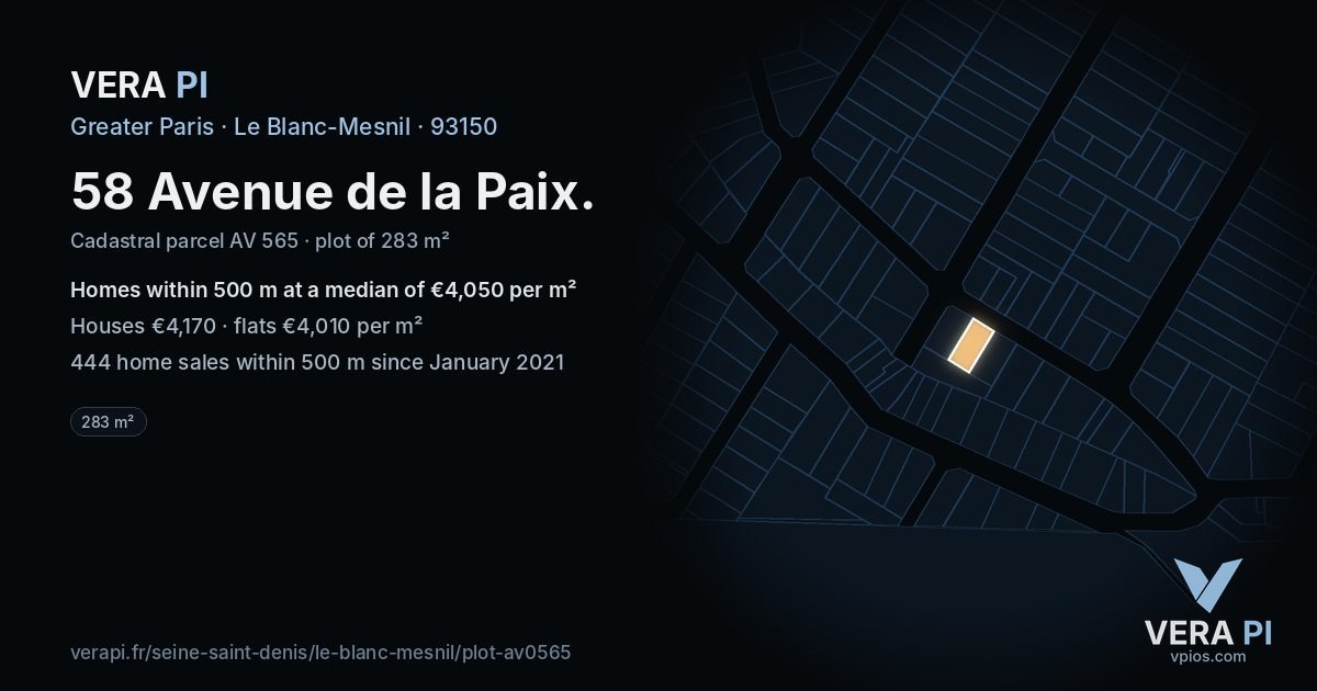 58 Avenue de la Paix, Le Blanc-Mesnil at night – the plot lit, the parcels around coloured by the prices near them