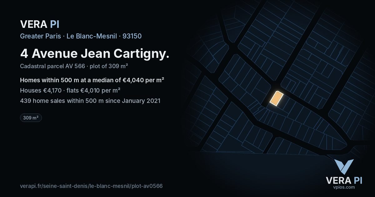 4 Avenue Jean Cartigny, Le Blanc-Mesnil at night – the plot lit, the parcels around coloured by the prices near them