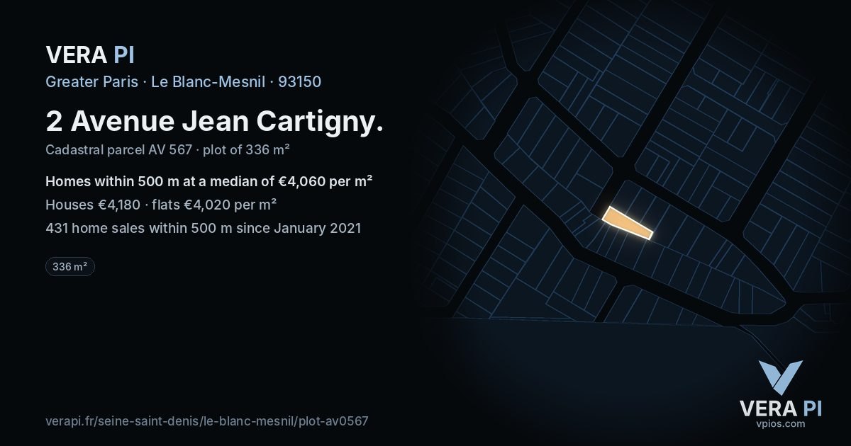 2 Avenue Jean Cartigny, Le Blanc-Mesnil at night – the plot lit, the parcels around coloured by the prices near them