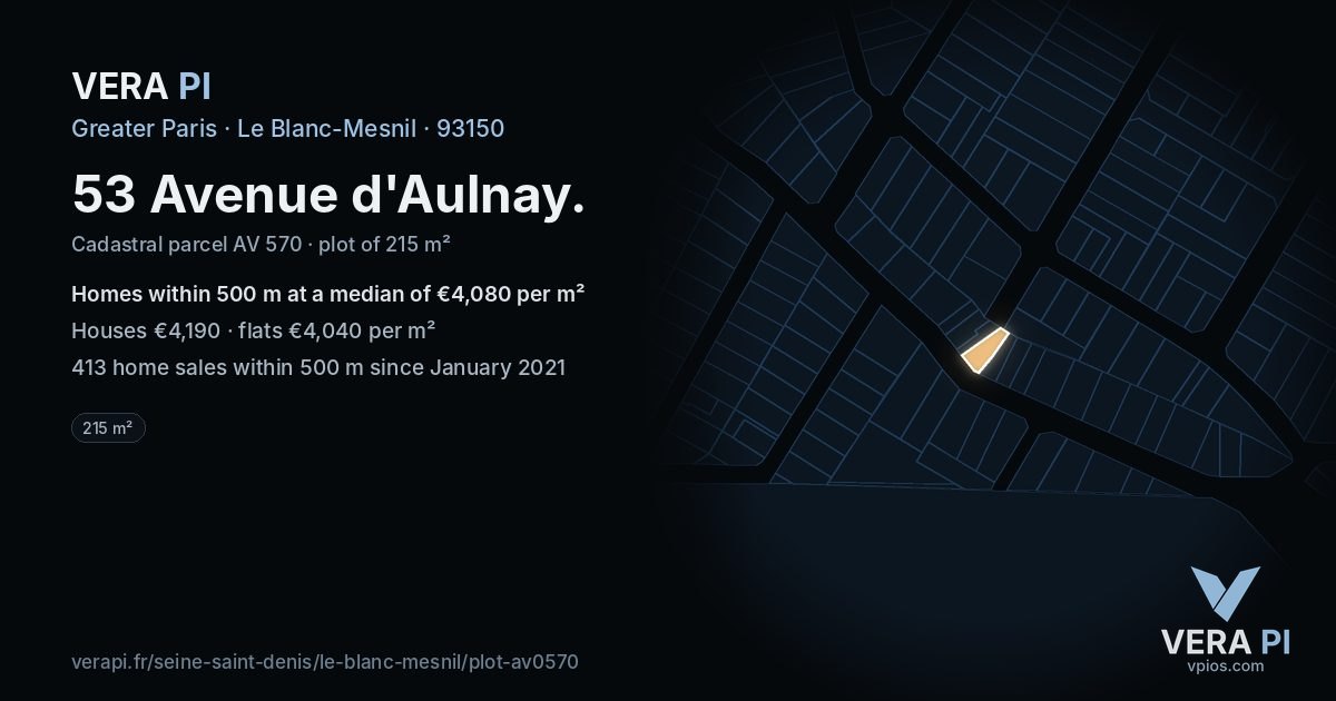 53 Avenue d'Aulnay, Le Blanc-Mesnil at night – the plot lit, the parcels around coloured by the prices near them