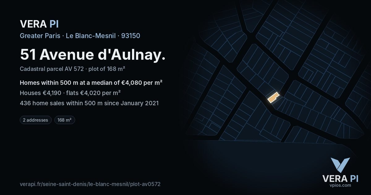 51 Avenue d'Aulnay, Le Blanc-Mesnil at night – the plot lit, the parcels around coloured by the prices near them