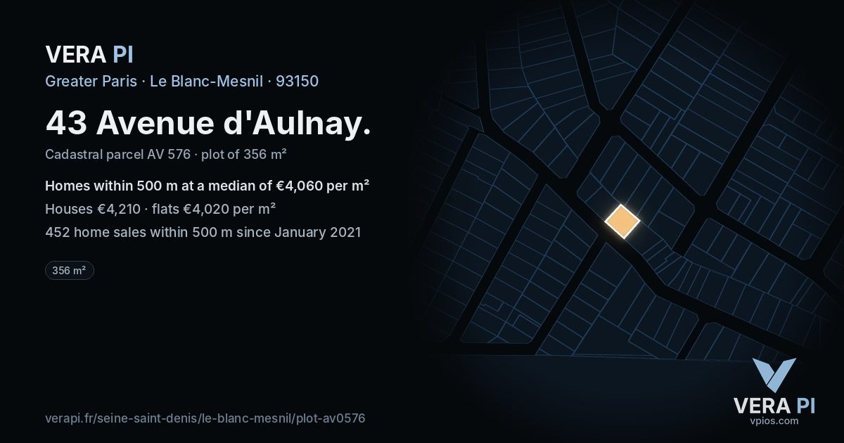43 Avenue d'Aulnay, Le Blanc-Mesnil at night – the plot lit, the parcels around coloured by the prices near them