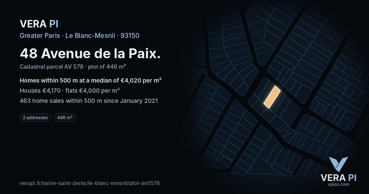 48 Avenue de la Paix, Le Blanc-Mesnil at night – the plot lit, the parcels around coloured by the prices near them