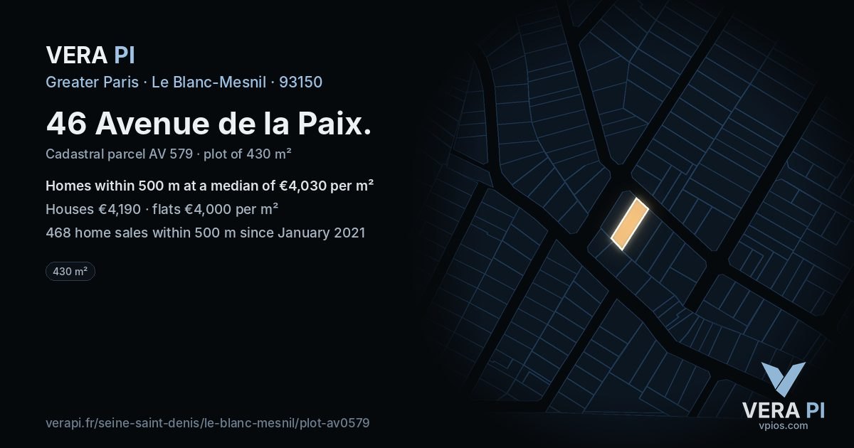 46 Avenue de la Paix, Le Blanc-Mesnil at night – the plot lit, the parcels around coloured by the prices near them