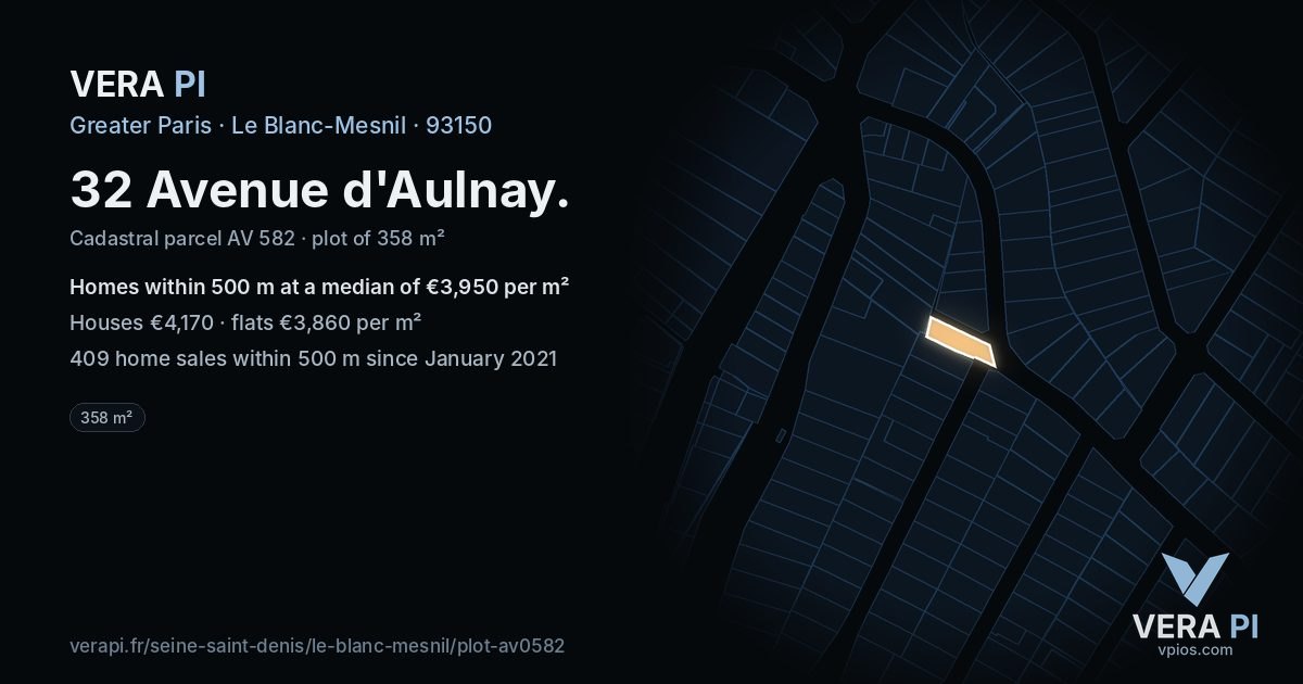 32 Avenue d'Aulnay, Le Blanc-Mesnil at night – the plot lit, the parcels around coloured by the prices near them