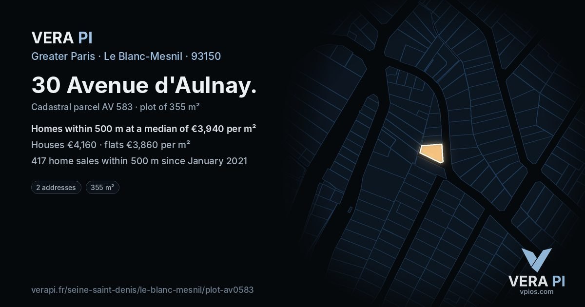 30 Avenue d'Aulnay, Le Blanc-Mesnil at night – the plot lit, the parcels around coloured by the prices near them