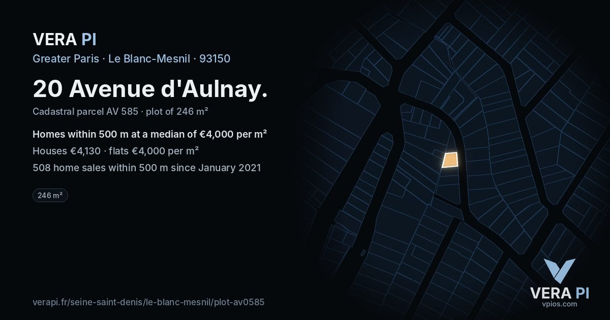 20 Avenue d'Aulnay, Le Blanc-Mesnil at night – the plot lit, the parcels around coloured by the prices near them