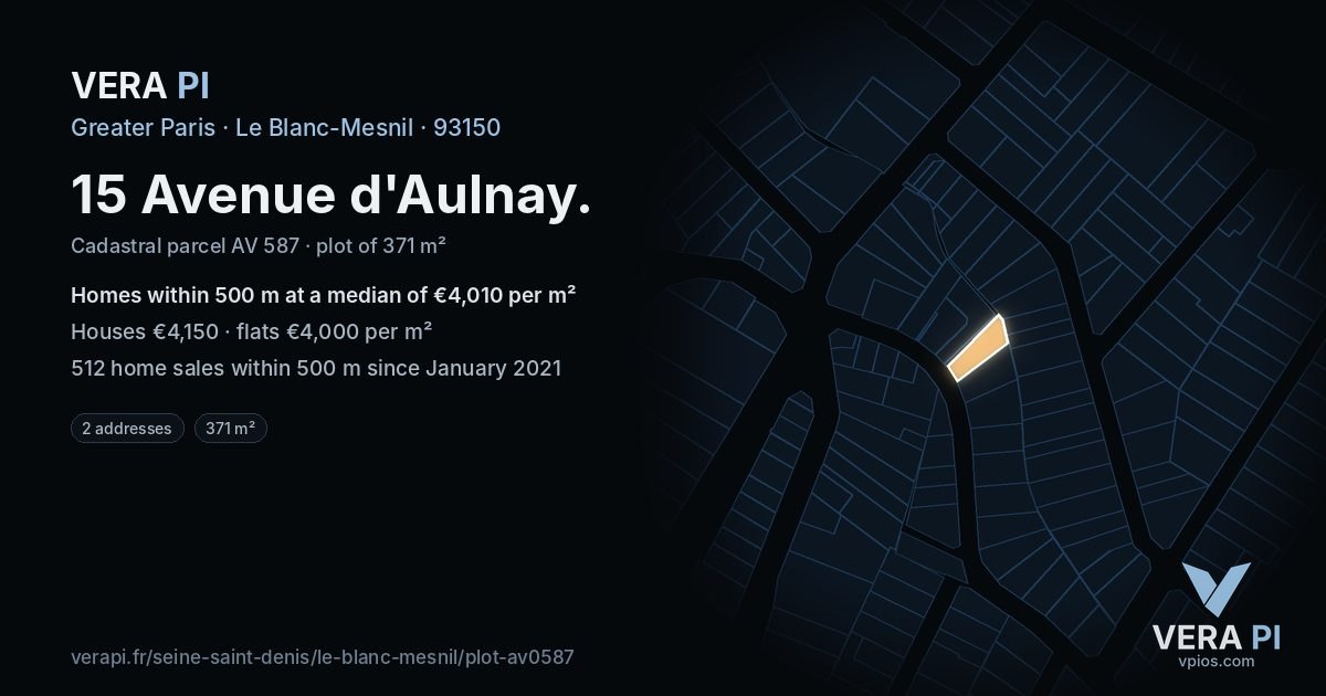 15 Avenue d'Aulnay, Le Blanc-Mesnil at night – the plot lit, the parcels around coloured by the prices near them
