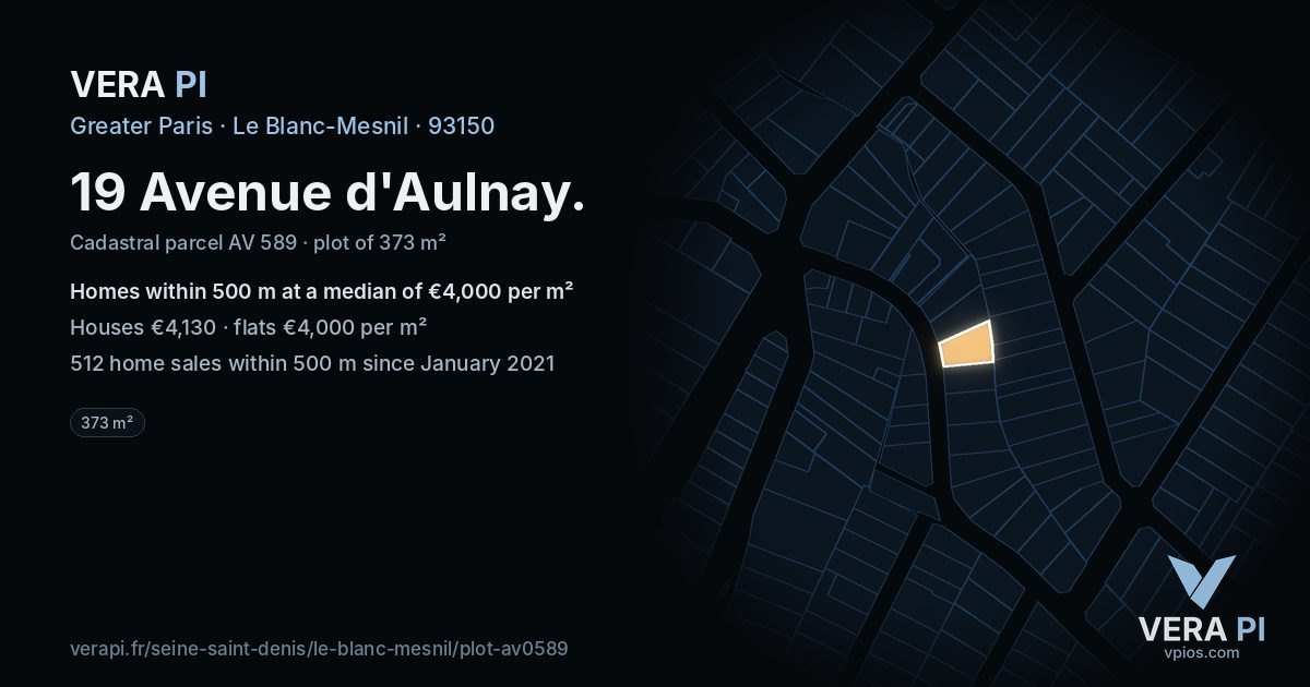 19 Avenue d'Aulnay, Le Blanc-Mesnil at night – the plot lit, the parcels around coloured by the prices near them