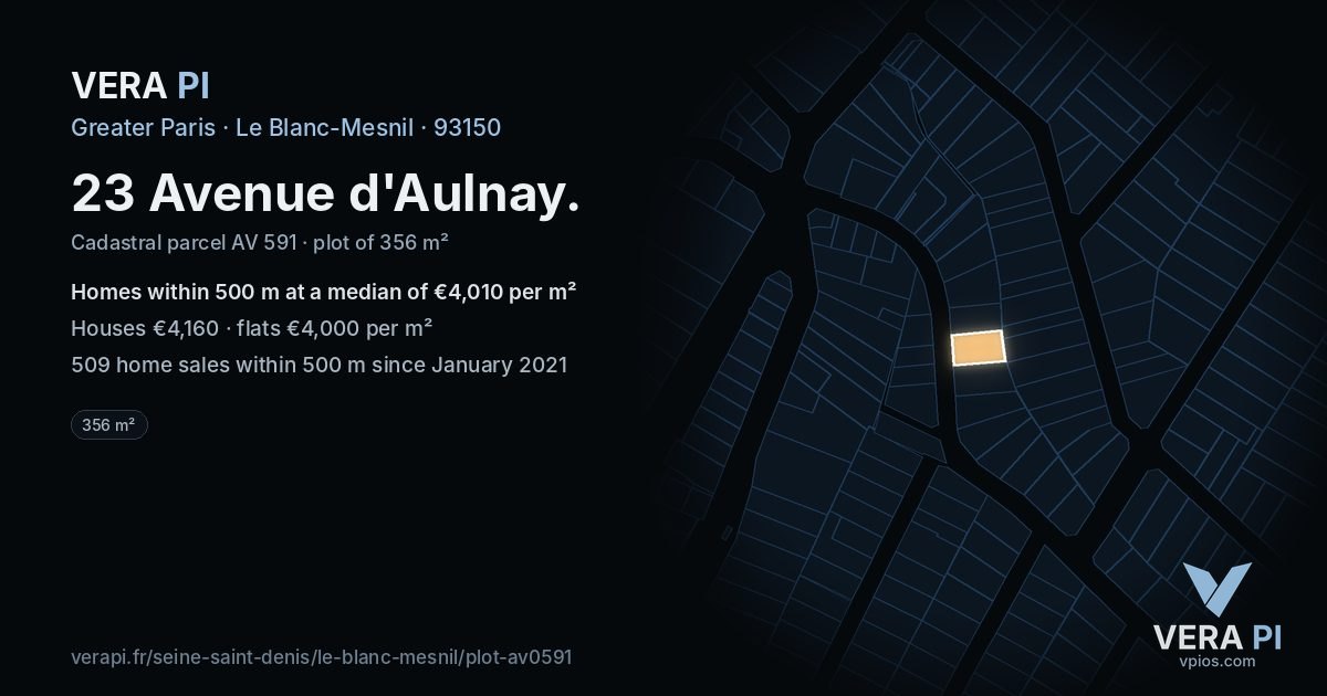 23 Avenue d'Aulnay, Le Blanc-Mesnil at night – the plot lit, the parcels around coloured by the prices near them