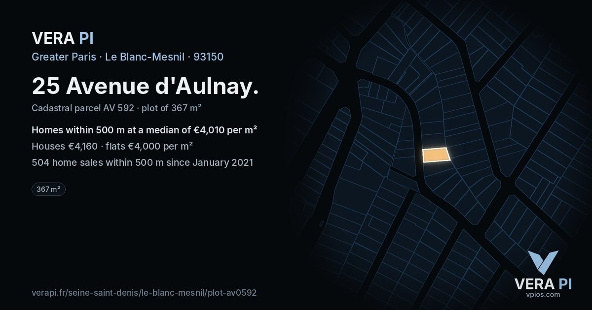 25 Avenue d'Aulnay, Le Blanc-Mesnil at night – the plot lit, the parcels around coloured by the prices near them