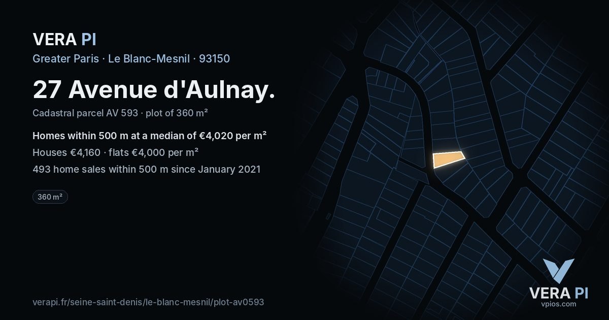27 Avenue d'Aulnay, Le Blanc-Mesnil at night – the plot lit, the parcels around coloured by the prices near them