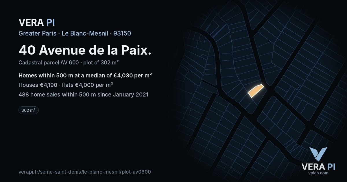 40 Avenue de la Paix, Le Blanc-Mesnil at night – the plot lit, the parcels around coloured by the prices near them