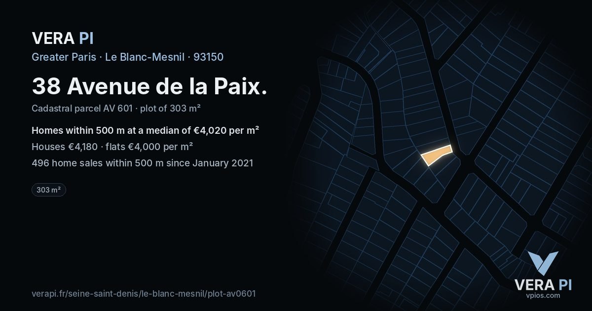 38 Avenue de la Paix, Le Blanc-Mesnil at night – the plot lit, the parcels around coloured by the prices near them