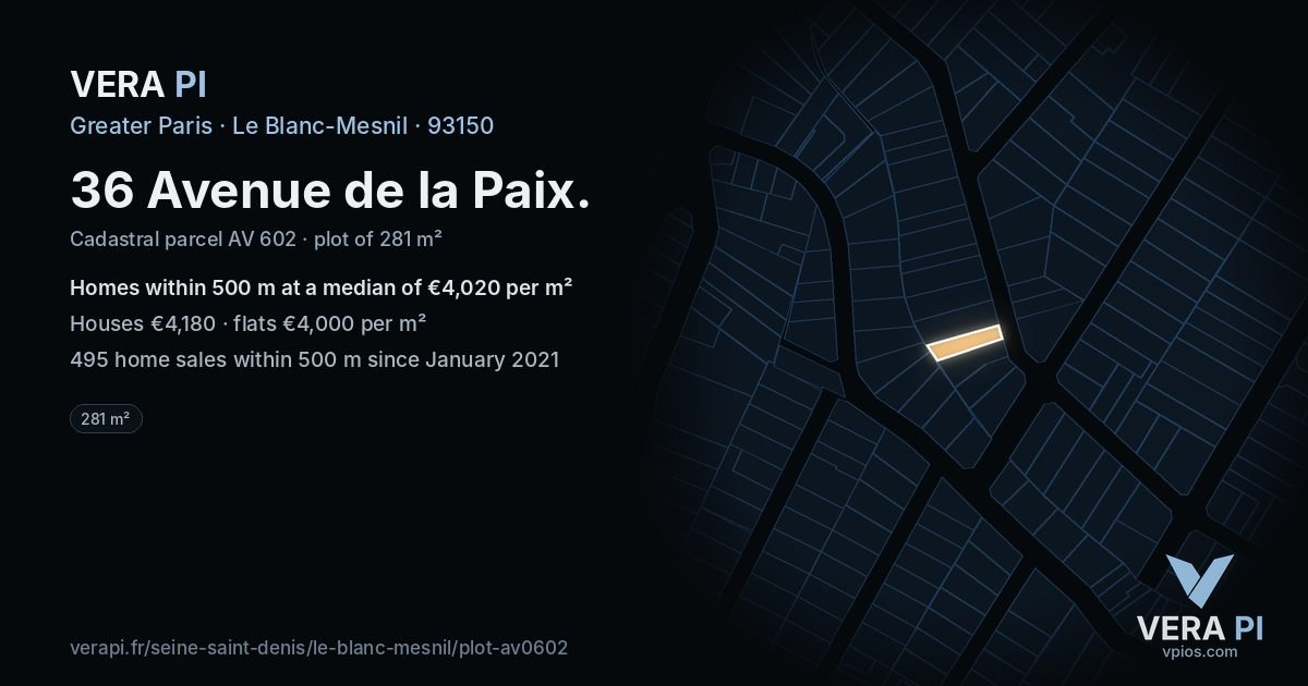36 Avenue de la Paix, Le Blanc-Mesnil at night – the plot lit, the parcels around coloured by the prices near them