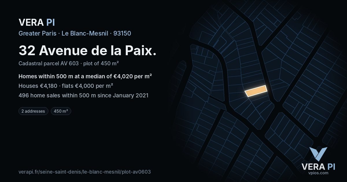 32 Avenue de la Paix, Le Blanc-Mesnil at night – the plot lit, the parcels around coloured by the prices near them