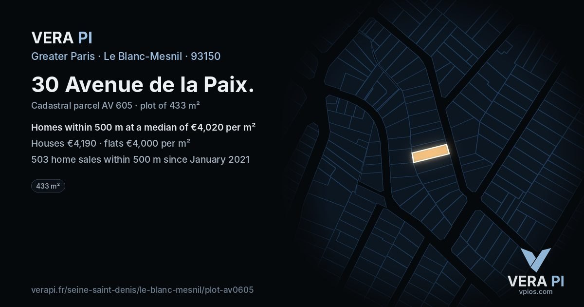 30 Avenue de la Paix, Le Blanc-Mesnil at night – the plot lit, the parcels around coloured by the prices near them