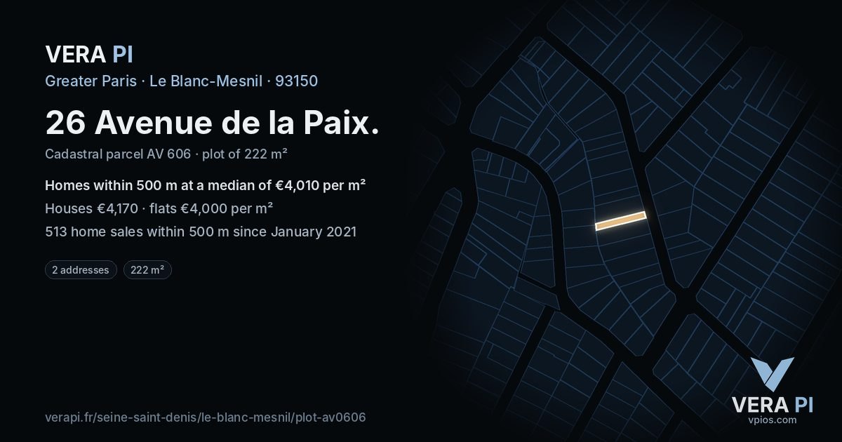 26 Avenue de la Paix, Le Blanc-Mesnil at night – the plot lit, the parcels around coloured by the prices near them