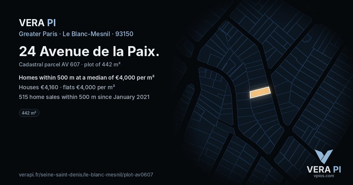 24 Avenue de la Paix, Le Blanc-Mesnil at night – the plot lit, the parcels around coloured by the prices near them