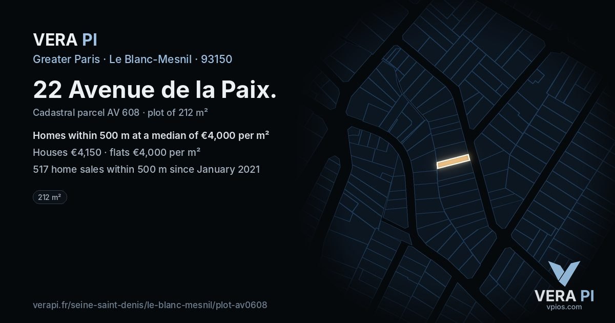 22 Avenue de la Paix, Le Blanc-Mesnil at night – the plot lit, the parcels around coloured by the prices near them