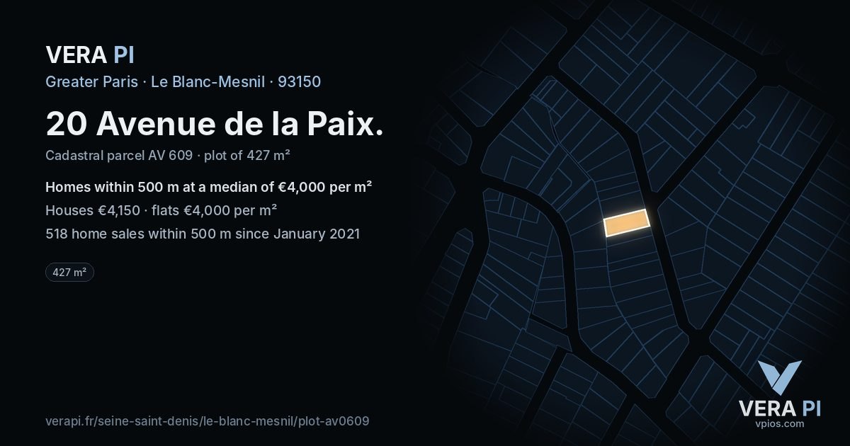20 Avenue de la Paix, Le Blanc-Mesnil at night – the plot lit, the parcels around coloured by the prices near them
