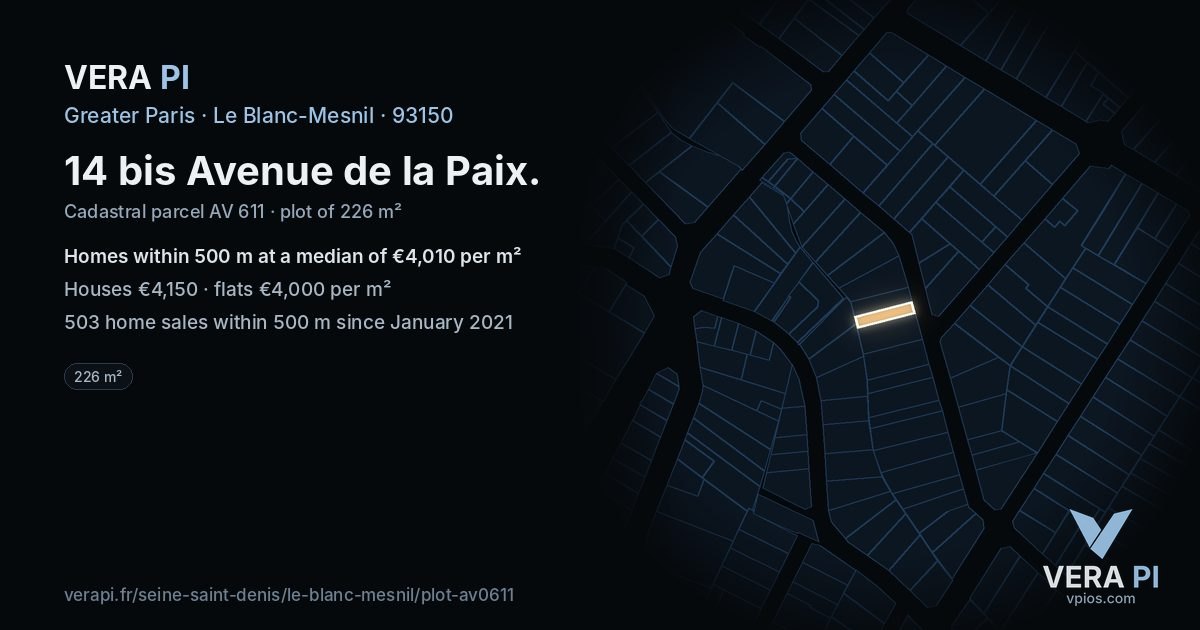 14 bis Avenue de la Paix, Le Blanc-Mesnil at night – the plot lit, the parcels around coloured by the prices near them