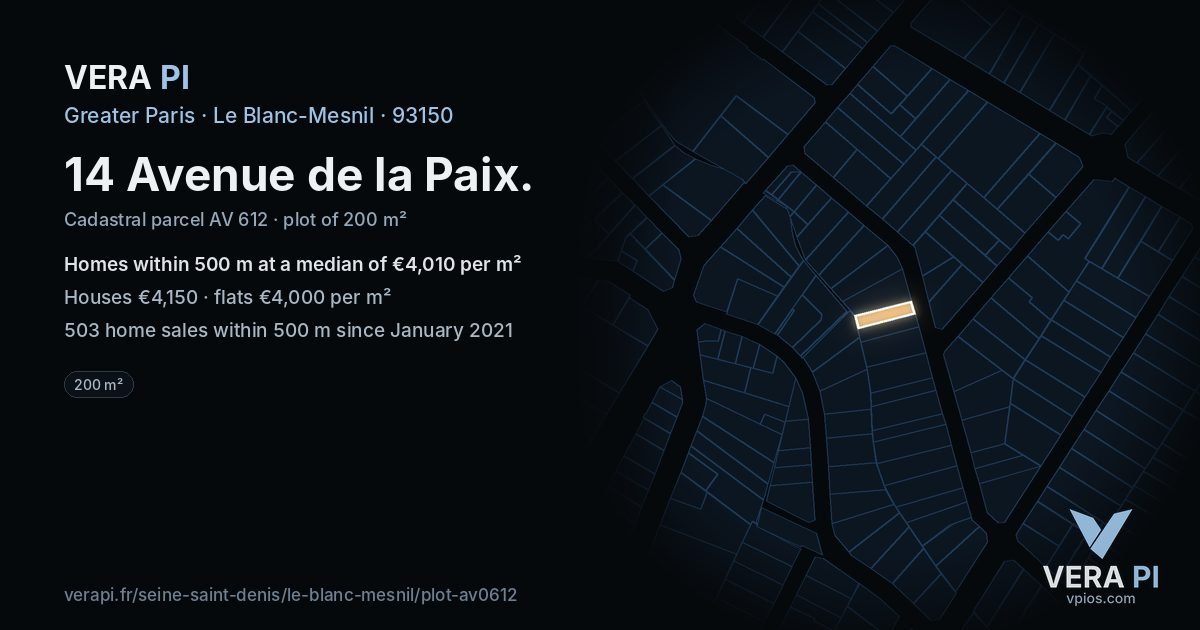 14 Avenue de la Paix, Le Blanc-Mesnil at night – the plot lit, the parcels around coloured by the prices near them