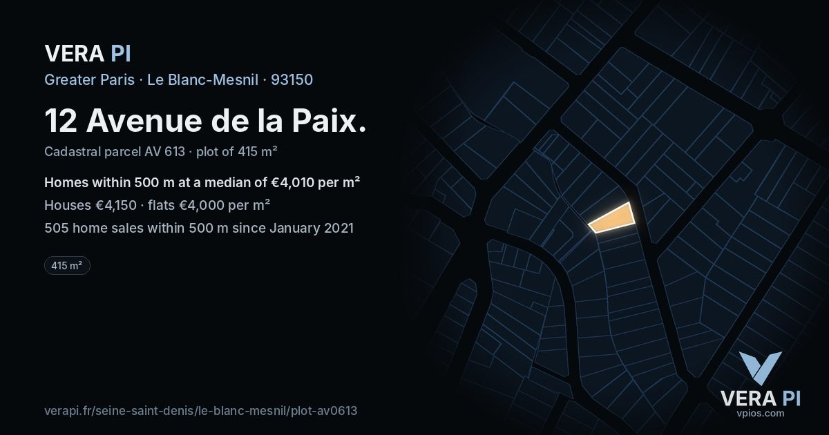 12 Avenue de la Paix, Le Blanc-Mesnil at night – the plot lit, the parcels around coloured by the prices near them