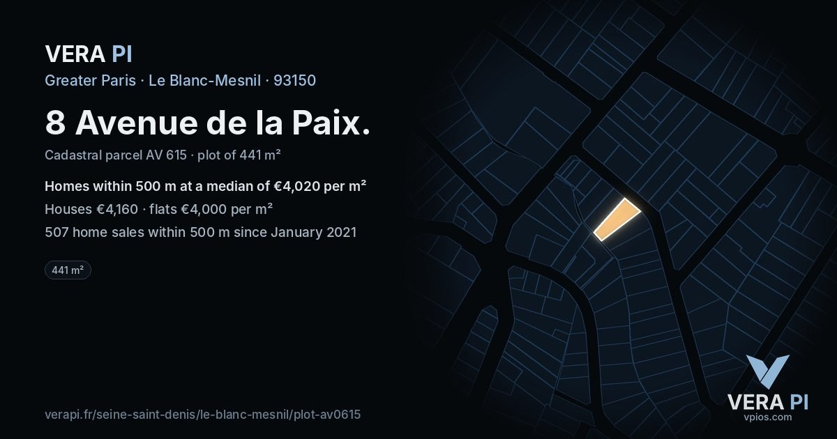8 Avenue de la Paix, Le Blanc-Mesnil at night – the plot lit, the parcels around coloured by the prices near them