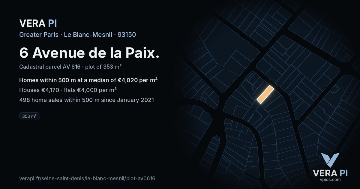 6 Avenue de la Paix, Le Blanc-Mesnil at night – the plot lit, the parcels around coloured by the prices near them
