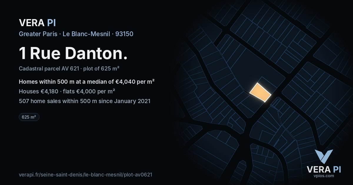 1 Rue Danton, Le Blanc-Mesnil at night – the plot lit, the parcels around coloured by the prices near them