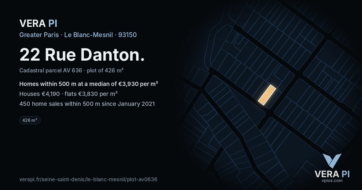 22 Rue Danton, Le Blanc-Mesnil at night – the plot lit, the parcels around coloured by the prices near them