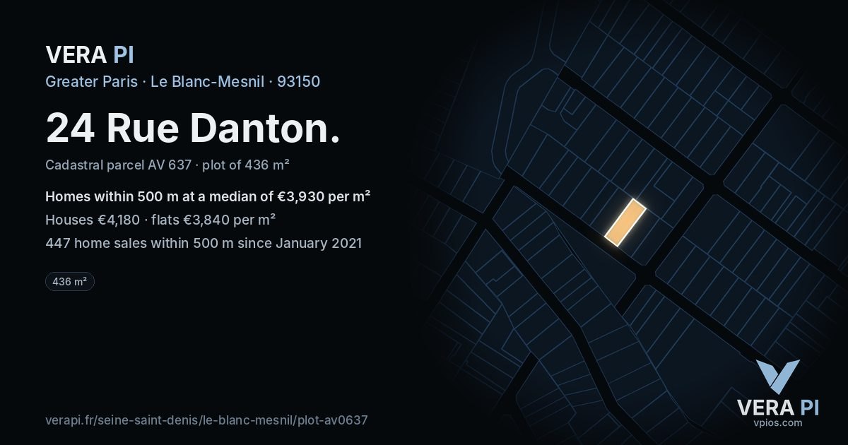 24 Rue Danton, Le Blanc-Mesnil at night – the plot lit, the parcels around coloured by the prices near them