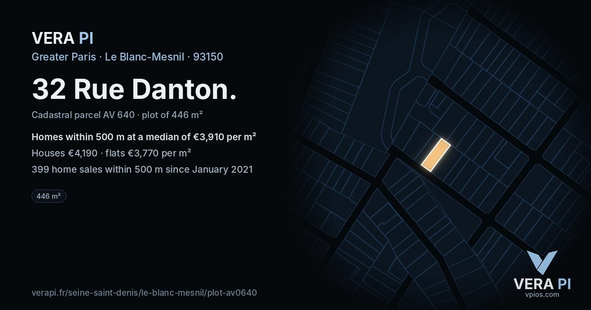 32 Rue Danton, Le Blanc-Mesnil at night – the plot lit, the parcels around coloured by the prices near them