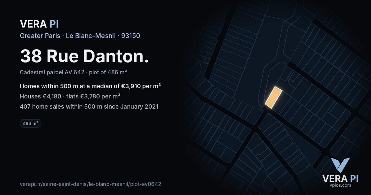 38 Rue Danton, Le Blanc-Mesnil at night – the plot lit, the parcels around coloured by the prices near them