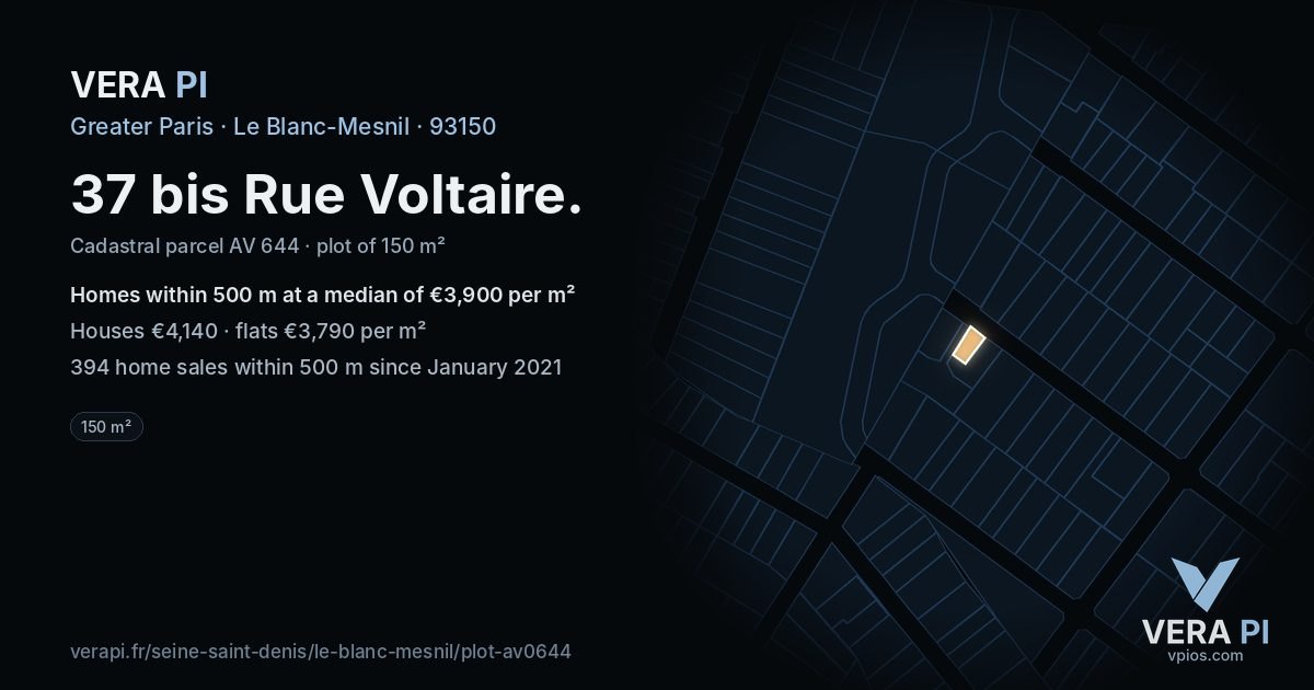 37 bis Rue Voltaire, Le Blanc-Mesnil at night – the plot lit, the parcels around coloured by the prices near them
