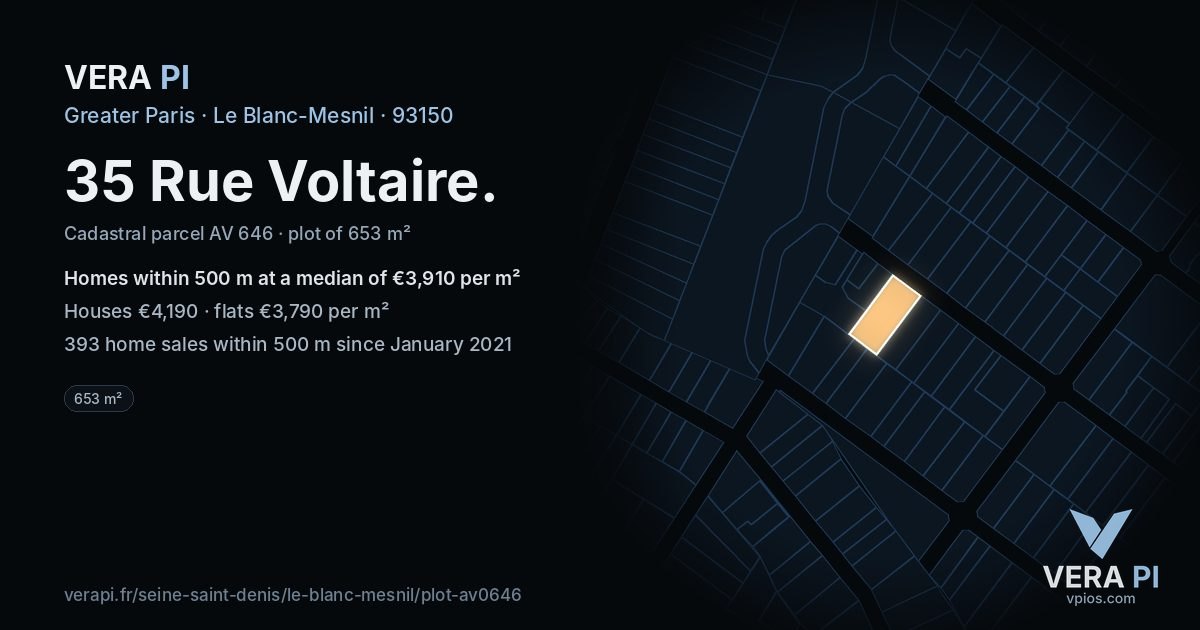 35 Rue Voltaire, Le Blanc-Mesnil at night – the plot lit, the parcels around coloured by the prices near them